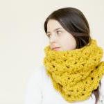 Crochet Cowl - Lacey Crochet Circle Scarf - Snood in Mustard Yellow - The Pendower