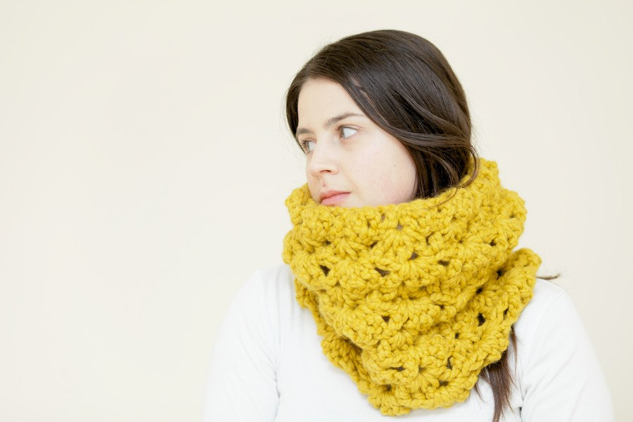 Crochet Cowl - Lacey Crochet Circle Scarf - Snood In Mustard Yellow - The Pendower